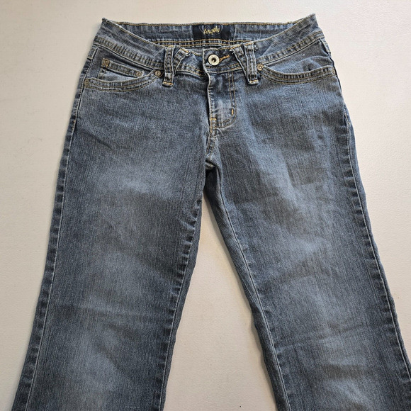 Angels Jeans Juniors 3 Blue Flare Raw Hem Ankle Embordered Sequin Bejeweled - Picture 12 of 16